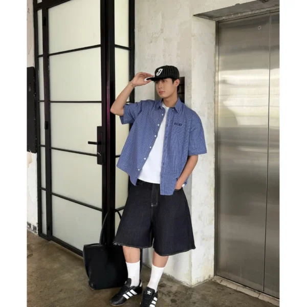 Retro Blue Check Plaid Shirt